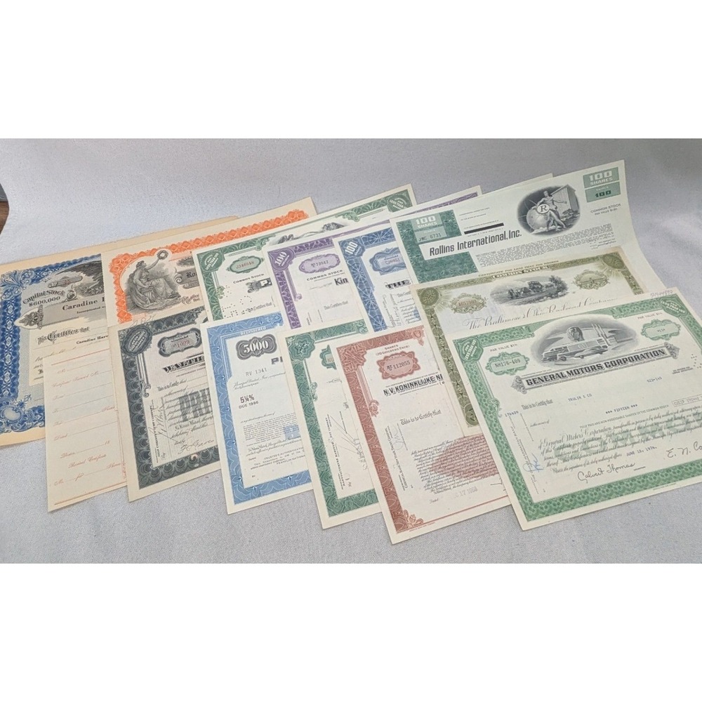 Mixed Vintage Stock Certificates Lot GM Lorillard Rollins Scripophily Ephemera